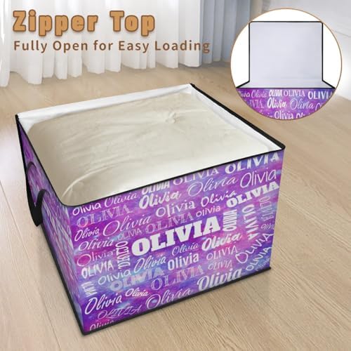 Custom Storage Baskets Cubes for Home with Name, Large Foldable Organizer Collapsible Storage Bins for Home Blanket Comforters Clothes Closet Nursery, Watercolor Purple Galaxy Background