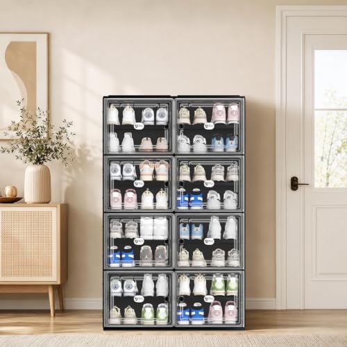 Black Shoe Storage Cabinet for 32 Pairs with Magnetic Clear Doors | Tool-free Assembly, Foldable Shoe Rack, Reinforecd Structure, Anti-Tiping, Furniture for Shoe Organizer, Closet, Garage