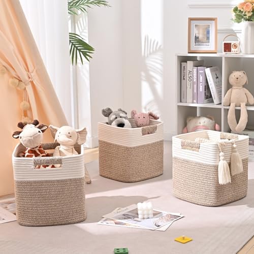 12 Inch Storage Cubes, 3 Pack Cube Storage Bins for Organizing, Cotton Rope Woven Baskets for Shelves, Bathroom, Kids Room, Closets, Baby Nursery