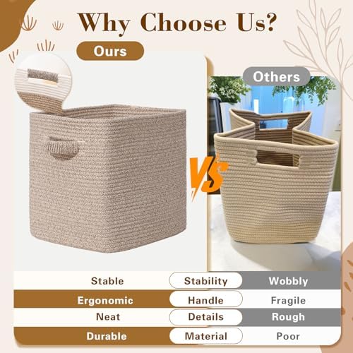 15×13 Inch Storage Cubes, 3 Pack Cube Storage Bins for Organizing, Cotton Rope Woven Baskets for Shelves, Bathroom, Kids Room, Closets, Baby Nursery