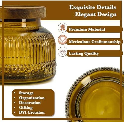 Decorative Amber Ribbed Glass Jar with Airtight Wooden Lid, 25.4 fl. oz | Wide mouth vintage storage canister, kitchen pantry bathroom organization, coffee sugar tea cookie candy candle vase gift