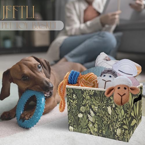Vintage Boho Botanical Floral Storage Bins with Handles, Farmhouse Dark Cottagecore Green Leaf Collapsible Laundry Basket Storage Box for Home Bedroom Bathroom Clothes Toys Books