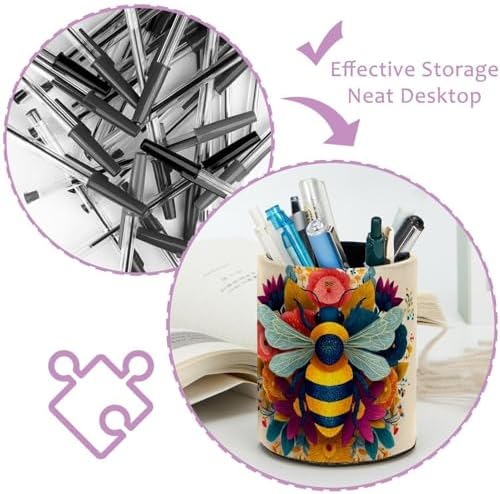 Faux Leather Pen Holder for Desk, Pencil Organizer Bee Pen Cup Desk Decor Makeup Brush Holder Storage for Office Home