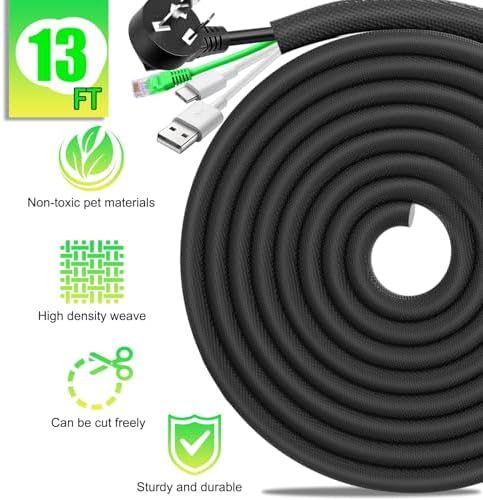AIERSA Cord Protectors from Pets No Chew,13FT 1/2" Wire Protector for Cats,Rabbits,Dogs, Braided Cord Cover,Cable Sleeves for Cord Management and Pet Protection Black