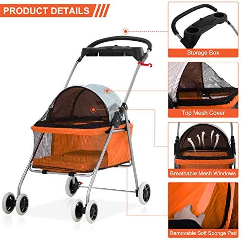 Meet Perfect Pet Stroller for Small/Medium Dogs & Cats, Foldable | Waterproof fabric helps protect pets during outdoor travel; Mesh panels provide ventilation and visibility.