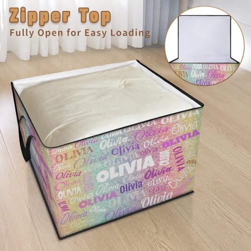 Personalized Name Foldable Storage Basket Cubes with Lid, Laundry Hamper Dirty Clothes Pet Toys Storage Bin with Handles for Shelf Home Closet Kitchen, Yellow Pale Turquoise Pink Glittering
