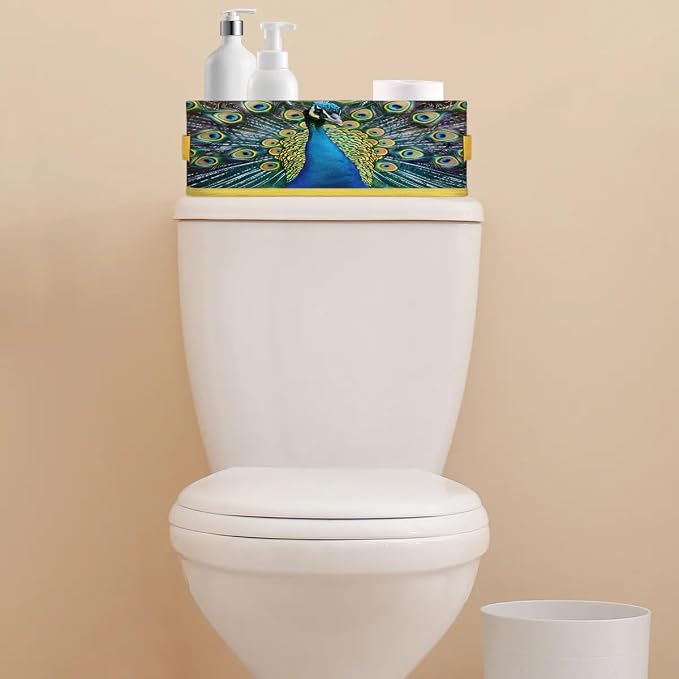 Peacock Beautiful Feathers Bathroom Storage Basket, Foldable with Handle Open Countertop Paper Towel Decorative Box, Toilet Tank Top Shelf Baskets for Home Closet Bedroom Living Room Office