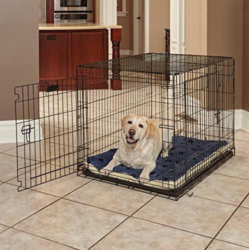 MidWest Homes for Pets QuietTime Reversible Paw Print Pet Bed, Soft Faux Fur & Fleece 42-Inch Crate Mat for Large Dogs, Machine Washable, Blue and Cream