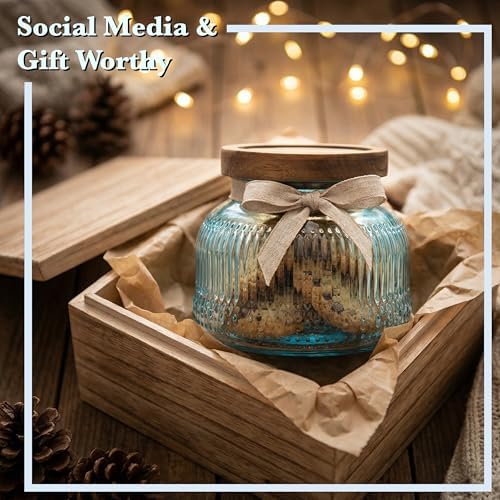 Decorative Blue Ribbed Glass Jar with Airtight Wooden Lid, 40 fl. oz | Wide mouth vintage storage canister, kitchen pantry bathroom organization, coffee sugar tea cookie candy candle vase gift