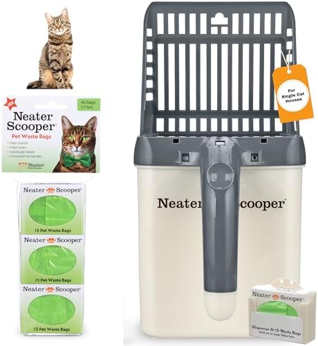Neater Pet Brands Neater Scooper Standard Litter Scoop, 60 Refill Bags – Mess-Free Cat Litter Scooper with Bag, Spill-Proof Kitty Box Sifter, Bin Doubles as Scoop Holder, for Single-Cat Households