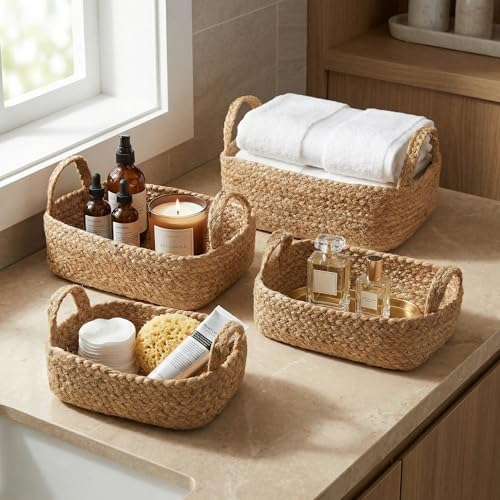 Beautiful Storage Basket Set of 4 - Natural Jute Rope Baskets for Shelves | Perfect for Organizing Your Home - Quality Storage Bins Easily Fit with Any Nursery or Bedroom Decor