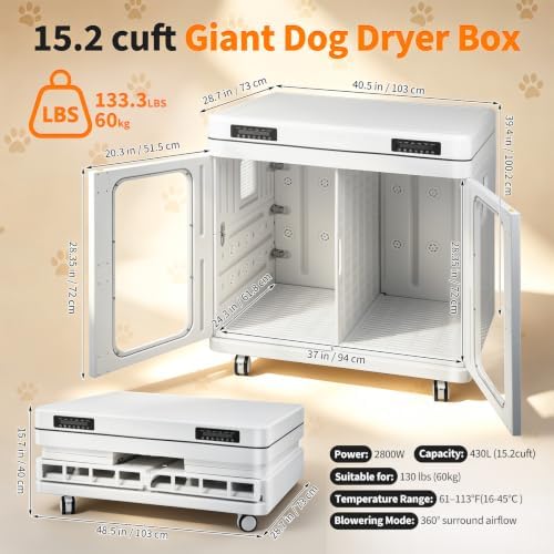 Pet Dryer Box 15.2 cu ft for Large Dogs, 2800W Quiet <45dB with Ion Care | pet dryer box large dog grooming cabinet 15.2 cu ft 2800W quiet ion care 130 lbs 430L