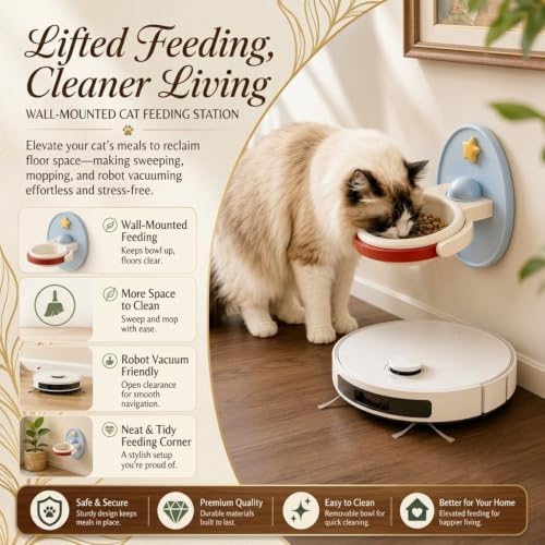 2-in-1 Wall Mounted & Elevated Cat Bowl, Floating Planet Bowl, Floating Wall-Mounted Pet Bowl, Foldable Pet Feeder Shelf, Adjustable Feeding Height, Removable Bowl for Dogs and Cats