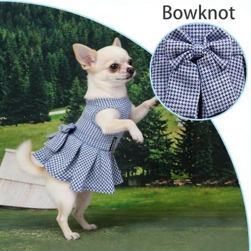 Classic Plaid Dog Dress with Bow Tie for Small Dogs Cats Girls, Cute Puppy Dresses Clothes with Bowknot Chihuahua French Bulldog Pet Apparel Outfits (Blueberry Blue, Small)
