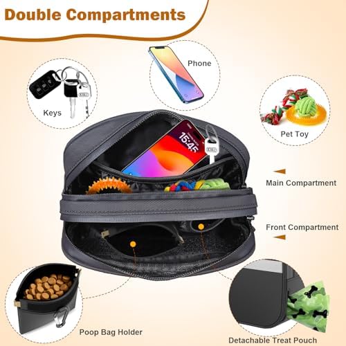 Dog Treat Pouch with Poop Dispenser and Reflective Strip for Training Walks | Removable Auto Closing Pouch, Dual Compartment, Waterproof Fabric, Crossbody Waist Belt for Hiking Outdoor Everyday Use