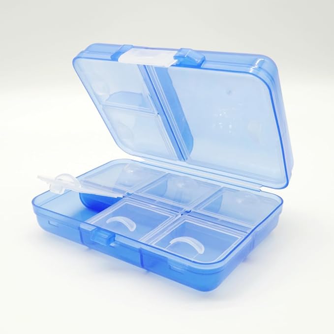 Travel Medicine Pill Organizer, AM PM Daily Pill Box Purse Pocket | Weekly Medication Reminder Planner, Cute Pill Holder Container Portable Compact Vitamin Supplement Capsule Dispenser, Blue
