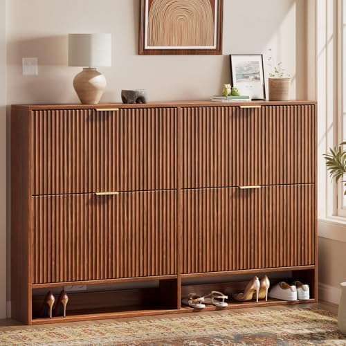 Evermagin 47.2''W Walnut Shoe Cabinet Storage for Entryway, Fluted Slim Shoe Dresser with 4 Flip Drawers, Narrow Shoe Rack Cabinet, Hidden Shoe Organizer Cabinet for Entrance, Hallway