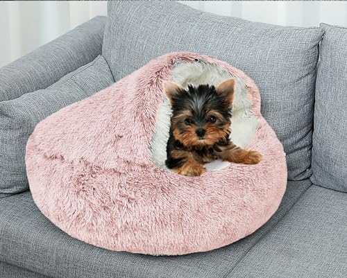 Dog Cave Bed for Small Dogs Cats Pets, Anti Anxiety Calming Plush Dog Beds, Fluffy Covered Hooded Cozy Burrow Puppy Beds, Anti-Slip Bottom Washable Pet Sleeping Bag (20" D, Pink)