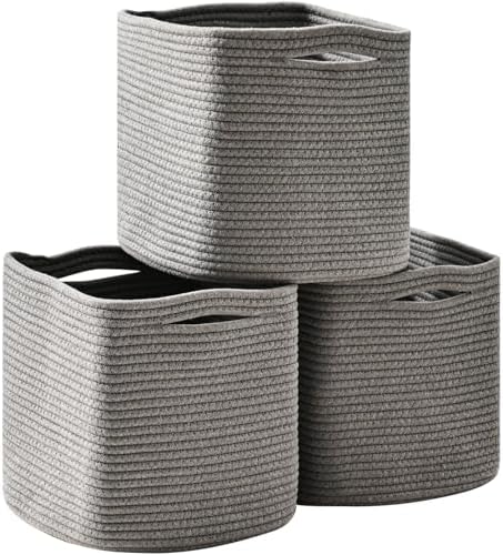ICERZCZ 13 Inch Cube Closet Storage Bins, Woven Cotton Rope Organizer Baskets for Organizing & Shelves, Books, Towels, Clothes, Toys, 13x13x13 in, Grey (Pack of 3)