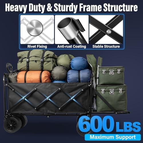 Collapsible Wagon Cart, Folding Cart with 600LBS Capacity, Black | All-Terrain Wheels & Built-In Brakes, Heavy Duty Utility Wagon for Grocery Camping Garden Shopping Sports
