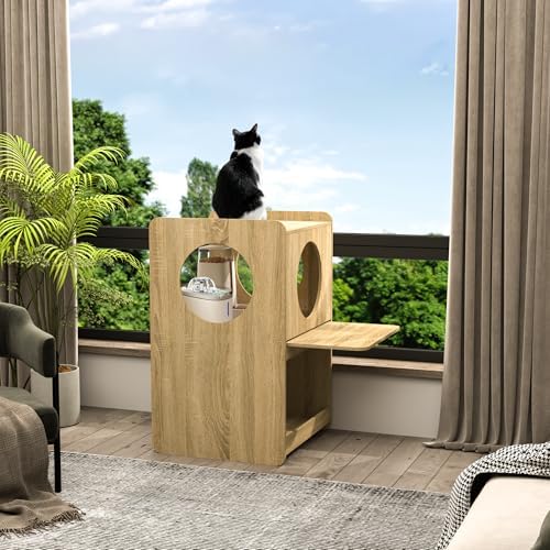GDLF Cat Feeding Station with Water Fountain Space, Elevated Window Perch