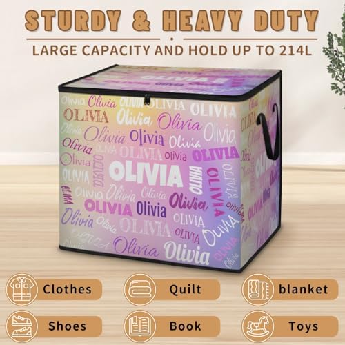 Custom Name Large Clothes Storage Organization with Lids, Bedding Clothes Towel Storage Bin Shelf Basket for Nursery, Gift Basket, Pet Basket, Gradient Pink Yellow Purple Galaxy Background