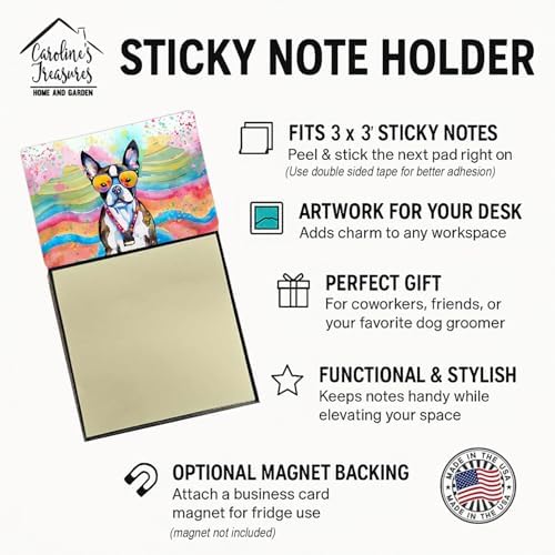 Caroline's Treasures Boston Terrier Hippie Dawg Sticky Note Holder Refillable Dispenser Self-Sticky Note Pads, Memo Pads Blank Desk Accessories