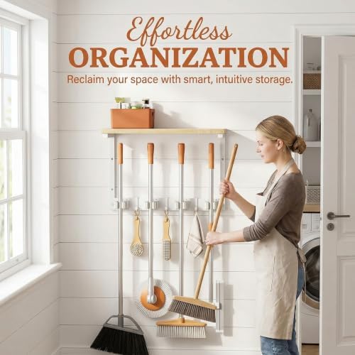 Upgraded Broom Holder Wall Mount with Shelf, Mop and Broom Organizer Wall Hanging, Cleaning Supplies Organizer (small)