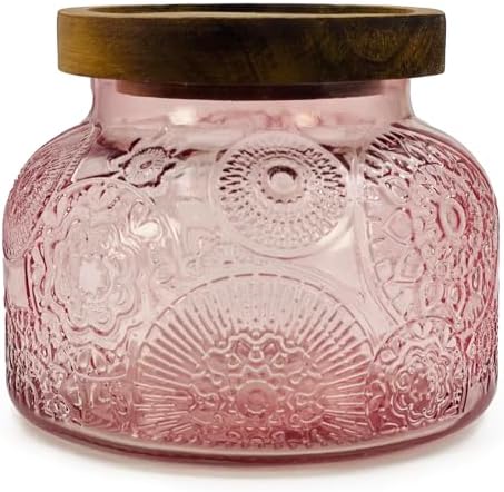 Decorative Pink Embossed Glass Jar with Airtight Wooden Lid, 40 fl. oz | Wide mouth vintage storage canister, kitchen pantry bathroom organization, coffee sugar tea cookie candy candle vase gift