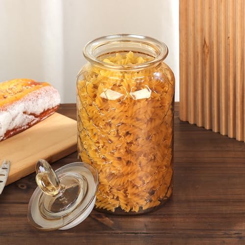 Joeyan 45 oz Amber Glass Canisters with Airtight Lids,Vintage Embossed Glass Storage Jar,Decorative Kitchen Food Container Organizer Apothecary Jars for Candy, Flour, Coffee Bean, Cookie, Pet Treats
