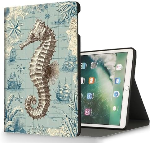 for Microsoft Surface Pro X/Pro X Plus-13 2019/2020/2021/2024 Tablet Case,Auto Wake/Sleep,Adjustable Stand Protective Cover - Vintage Seahorse Nautical