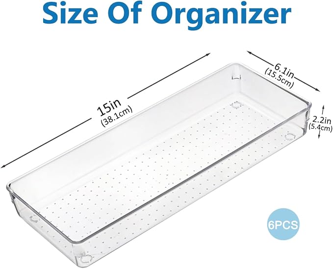 Kutesna 6Pcs Large Clear Drawer Organizer Set,15"x6" Desk Drawer Organizers | Versatile Desk Organizers with Non-Slip Silicone Pads, Storage Bins for Makeup, Bathroom, Kitchen Utensils, Office, Tools