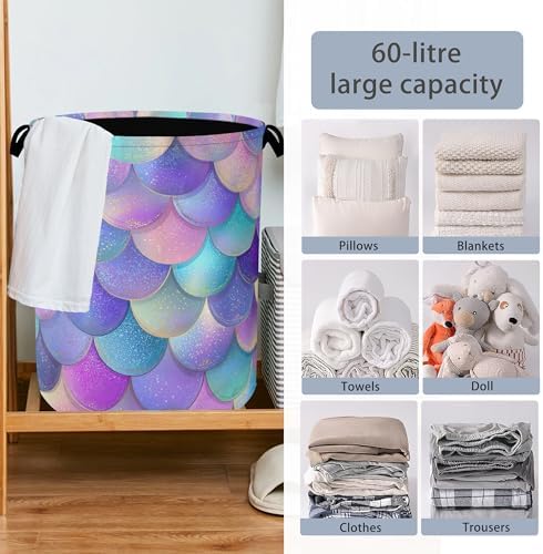 Glitter Fish Scales Laundry Hamper,Mermaids Dirty Clothes Laundry Basket with Handles Waterproof Oxford Cloth Storage Basket for College Dorms Bathroom Bedroom 16" x 20.8"