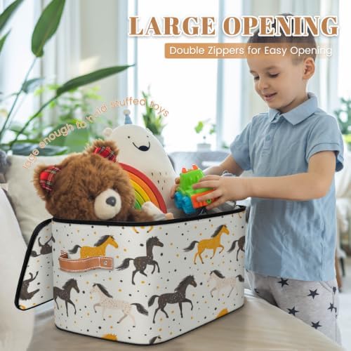 Horses Theme Storage Box with Zipper Lid | Collapsible, Fabric, Storage Bin, Handle, Large, Closet Organizer, Containers, Bedroom, Home, Horses