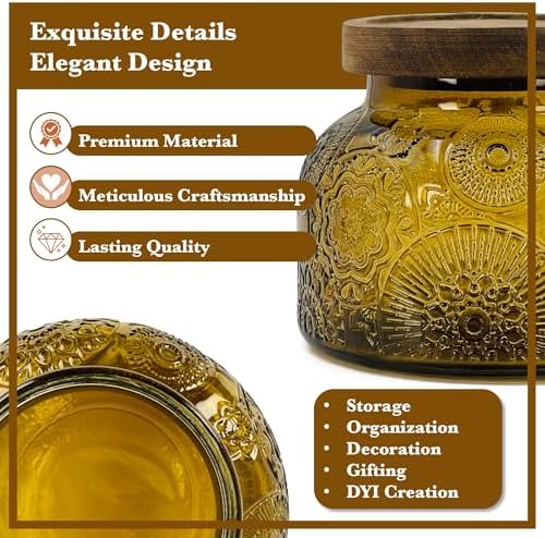 Decorative Amber Embossed Glass Jar with Airtight Wooden Lid, 25.4 fl. oz | Wide mouth vintage storage canister, kitchen pantry bathroom organization, coffee sugar tea cookie candy candle vase gift