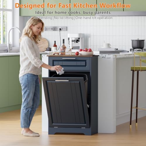 Single 10 Gallon Tilt Out Trash Can Cabinet with Deodorizing Function, Wooden Hidden Garbage Can Holder with Storage Drawers for Kitchen and Dining Room, Laundry Hamper Cabinet for Bathroom, Blue