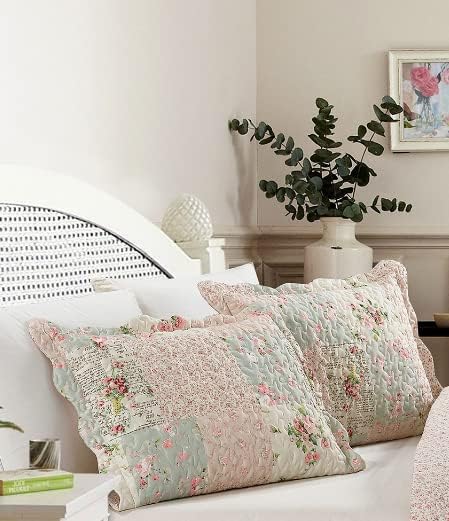 Brilliant Sunshine Traditional Rose & Sage Pillowshams Set, 20"x26"+2" | Patchwork Design, Quilted Standard Pillowcases, Washable Scallop Edge Pillow Covers, Pack of 2