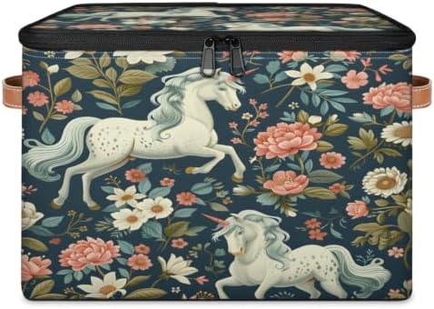 Floral Horse Storage Box with Zipper Lid | Collapsible, Fabric, Storage Bin, Handle, Large, Closet Organizer, Containers, Bedroom, Home, Horse