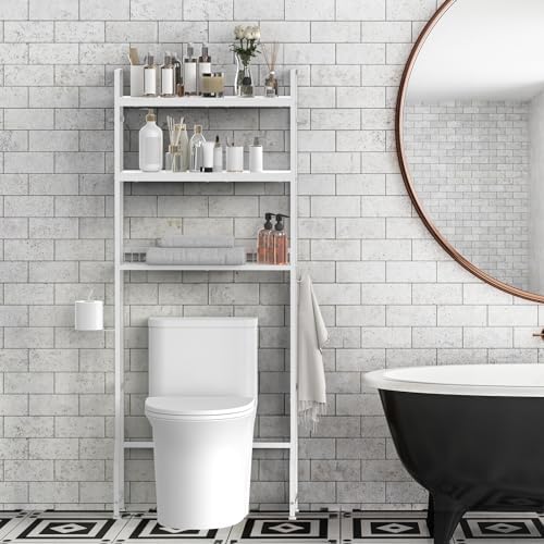 Over Toilet Bathroom Organizer with Toilet Paper Holder | White Over the Toilet Shelf, Over the Toilet Storage Cabinet, Heavy Duty Metal 3 Tier Bathroom Organizer Shelf with 3 Hooks