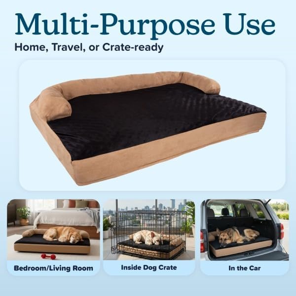 Jumbo Dog Bed – 51x35.5 Pet Bed - 3-Layer Orthopedic Dog Sofa with Cooling Gel, Memory Foam and Neck Bolster by PETMAKER (Tan/Black)