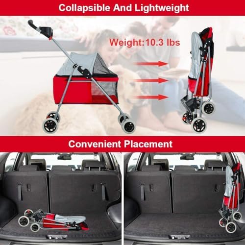 Stress Free Pet Stroller for Medium Small Dogs 4 Wheels Folding Portable Cat Dog with Cup Holders Removable Liner Easy to Carry(B)