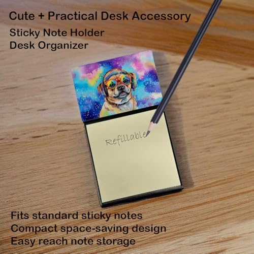 Caroline's Treasures Pug Hippie Dawg Sticky Note Holder Refillable Dispenser Self-Sticky Note Pads, Memo Pads Blank Desk Accessories