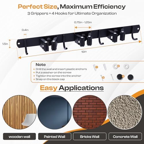 Stainless Steel Broom Holder Wall Mount, 3 Racks & 4 Hooks | Waterproof organizer for mops, brooms, tools and garden equipment, adjustable wall storage, black