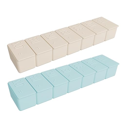 Ezy Dose Weekly (7-Day) Pill Organizer, Medicine Planner, Cream & Teal | Daily Vitamin & Supplement Medicine Case, Pop Up Compartments, Embossed Matte Design, Travel-Friendly, BPA-Free, 2-Pack