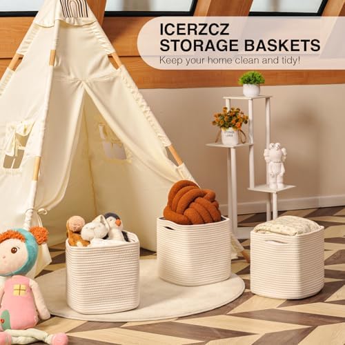 ICERZCZ 13 Inch Cube Closet Storage Bins, Woven Cotton Rope Organizer Baskets for Organizing & Shelves, Books, Towels, Clothes, Toys, 13x13x13 in, Off White (Pack of 3)