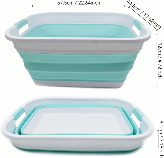 SAMMART 41L (10.8 gallon) Collapsible Plastic Laundry Basket-Foldable Pop Up Storage Container/Organizer-Portable Washing Tub, Water capacity: 32L (8.4 gallon) (Rectangular, White/Lake Green)