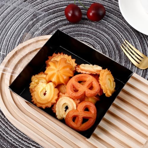 50 Pack Small Charcuterie Boxes with Clear Lids,5 inches Disposable Food Containers,Black Dessert Boxes with Thank You Stickers,Bakery Box for Sandwich, Strawberries,Cookie,Cake Slice(Black)