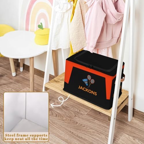 Custom Storage Basket with Zipper Lid, Badminton Theme Foldable Fabric Storage Boxes Decorative Closet Shelves Clothes Organizer Container Cubes with Handle 1PCS