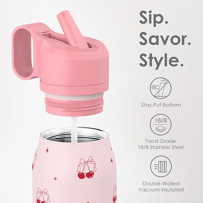 Cherry Water Bottle with Twist Lid Stainless Steel 20oz, Travel Insulated for Sports & Gym, Gift for Women Girl Birthday Christmas