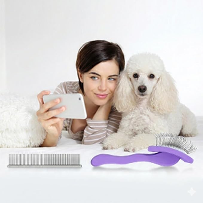 Dog Slicker Brush for Goldendoodles, Poodles & Long Haired Dogs - Long Pin Doodle Brush & Pet Comb Kit Removes Tangles Loose & Knots, Professional Grooming Tools with Wooden Handle, Purple